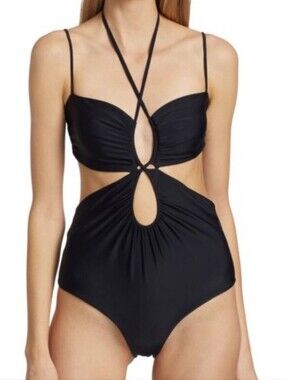 NWT Johanna Ortiz Reef Discovery Cutout Open Back Halter Black Swimsuit Size XS